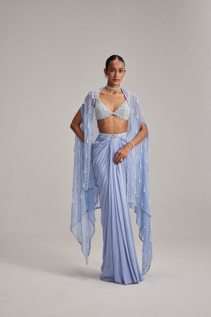 Dew Blue Cape And Satin Draped Skirt Set