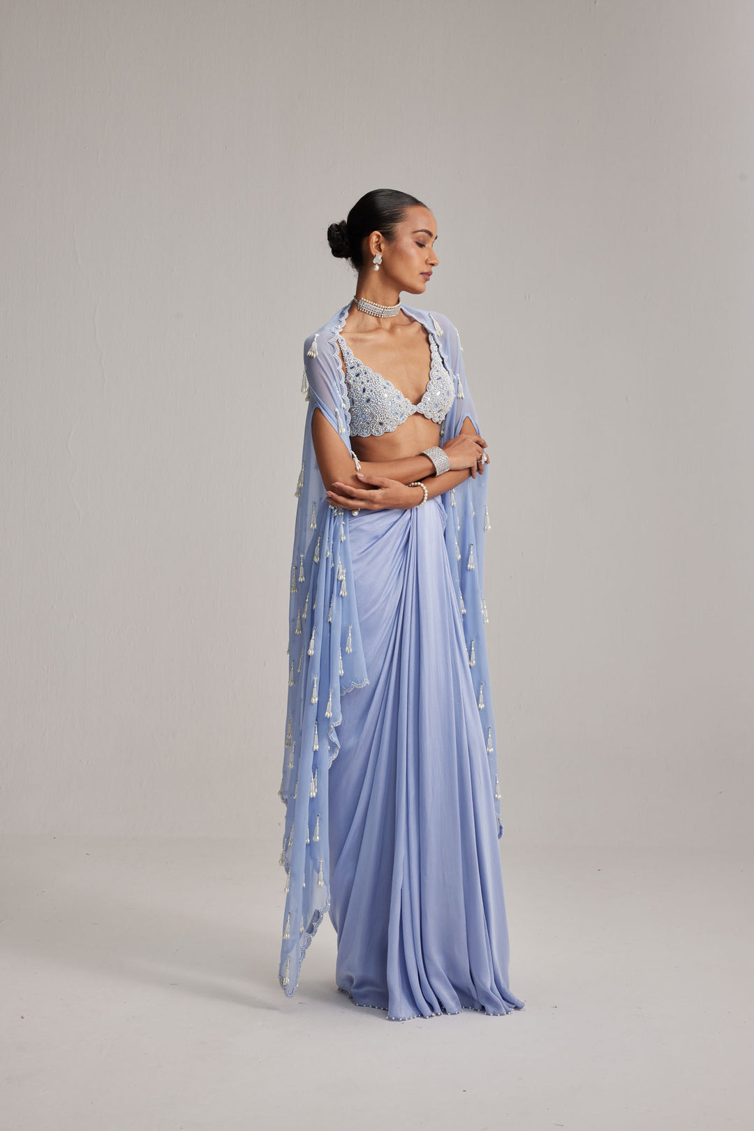 Dew Blue Cape And Satin Draped Skirt Set