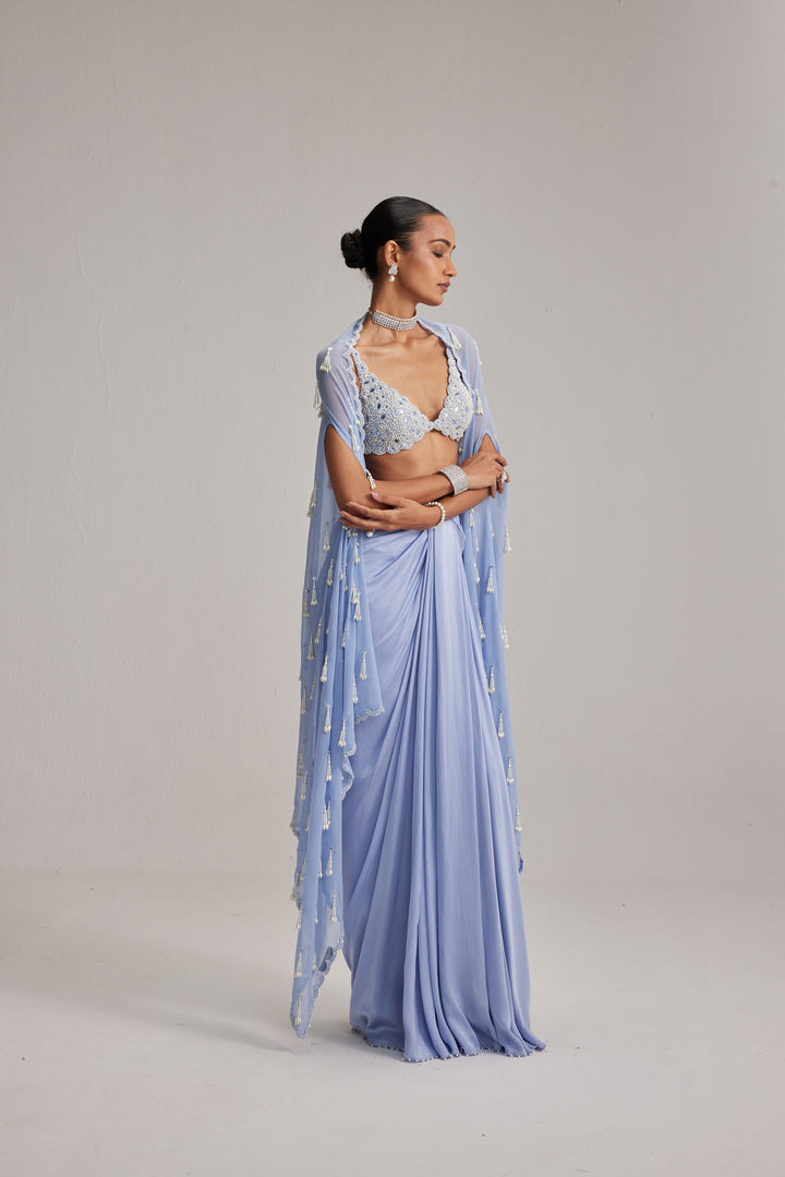 Dew Blue Cape And Satin Draped Skirt Set