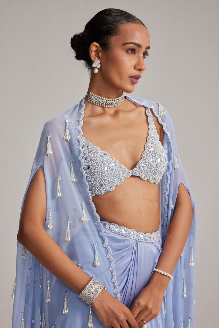 Dew Blue Cape And Satin Draped Skirt Set