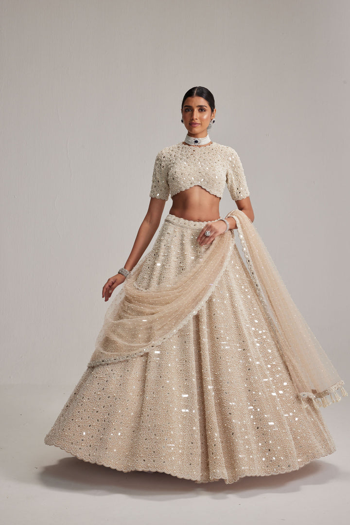 Light Beige Dense Mirror And Pearl Lehenga Set With High Neck Blouse And Dupatta