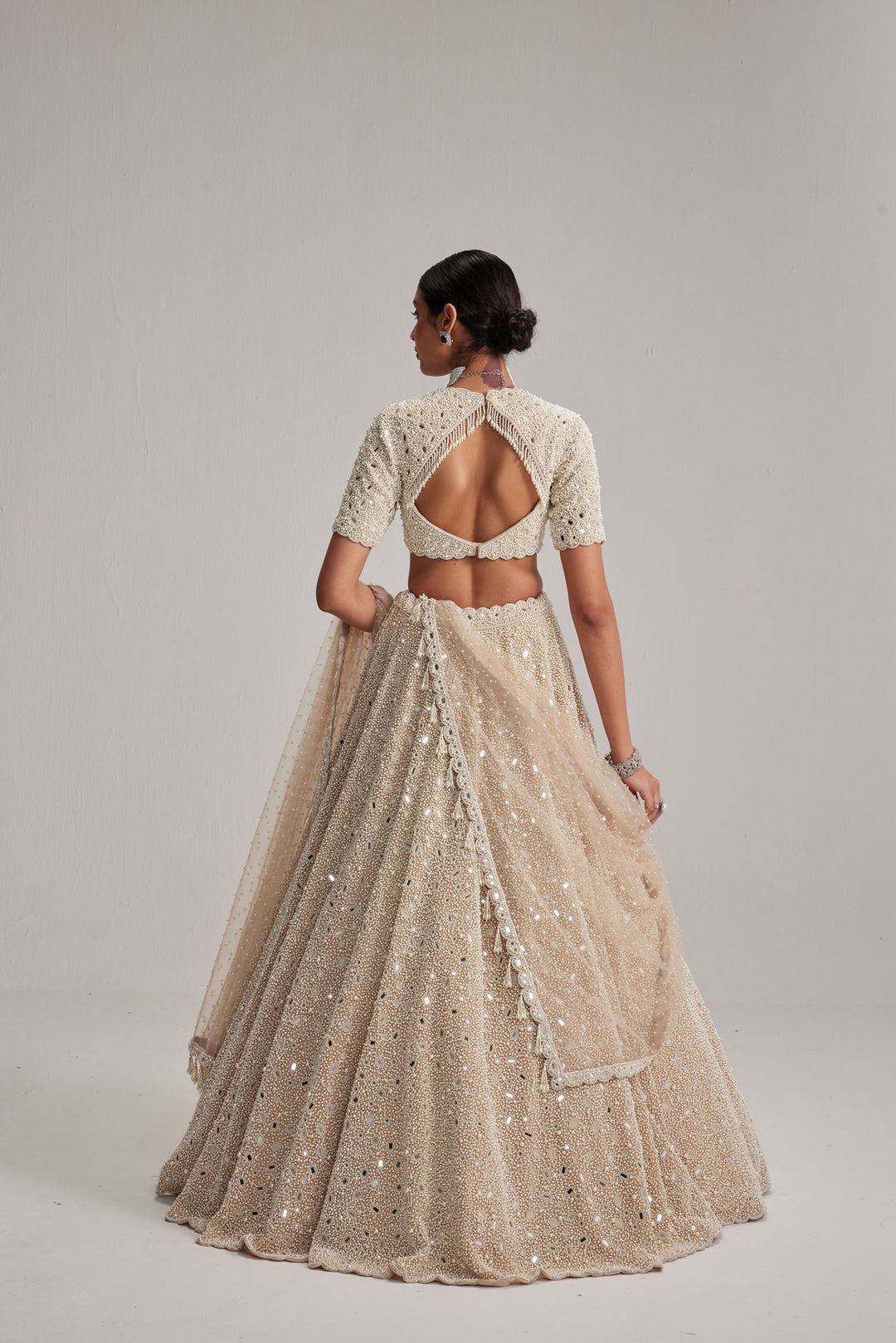 Light Beige Dense Mirror And Pearl Lehenga Set With High Neck Blouse And Dupatta