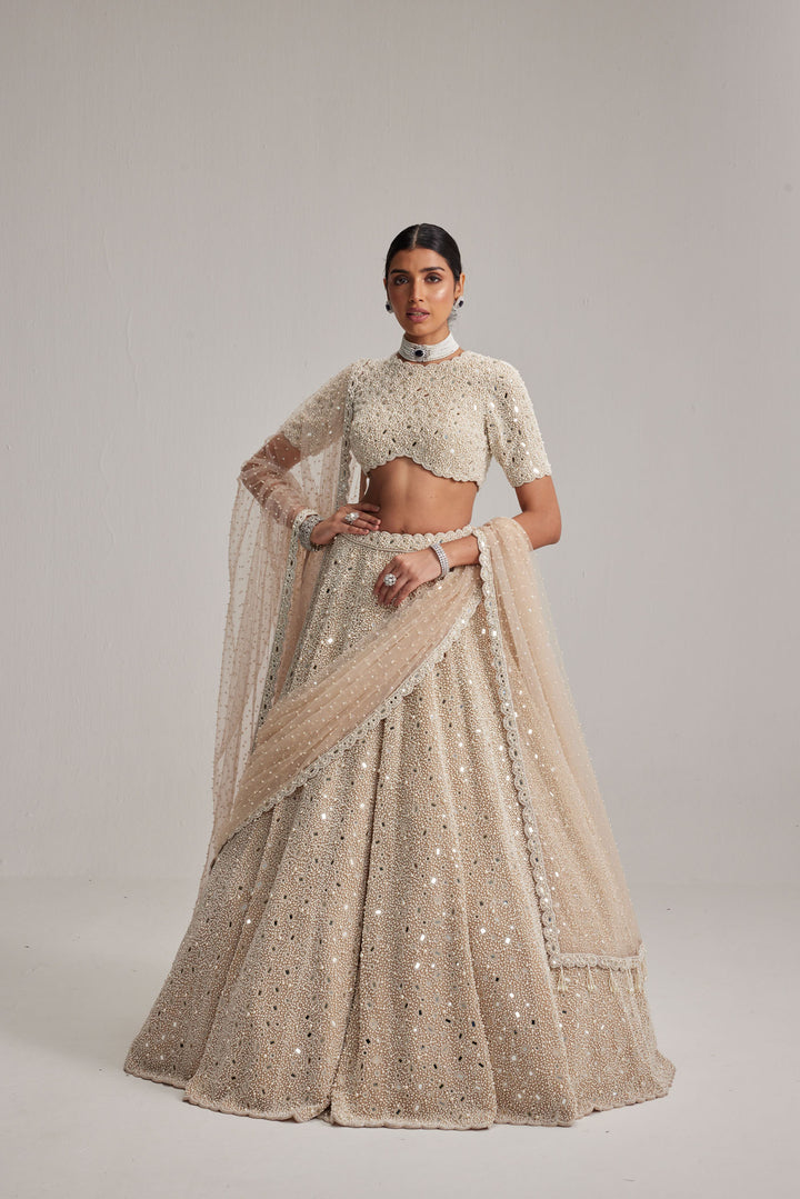 Light Beige Dense Mirror And Pearl Lehenga Set With High Neck Blouse And Double Dupatta
