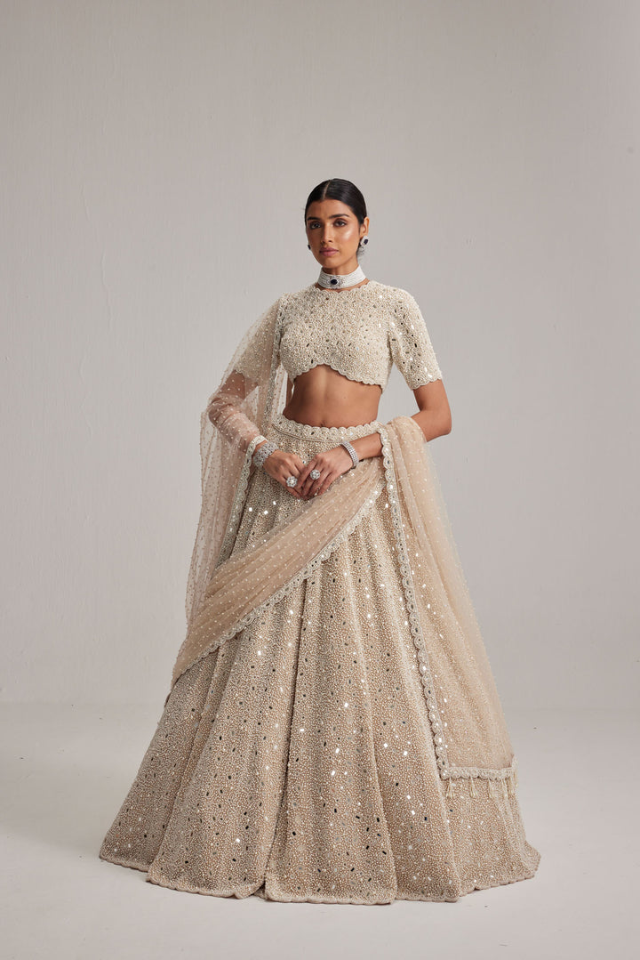 Light Beige Dense Pearl And Mirror Lehenga Set With High Neck Blouse, Double Dupatta And Veil