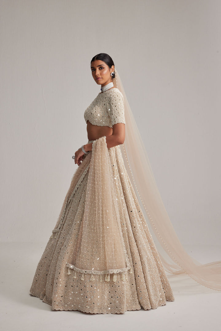 Light Beige Dense Pearl And Mirror Lehenga Set With High Neck Blouse, Double Dupatta And Veil