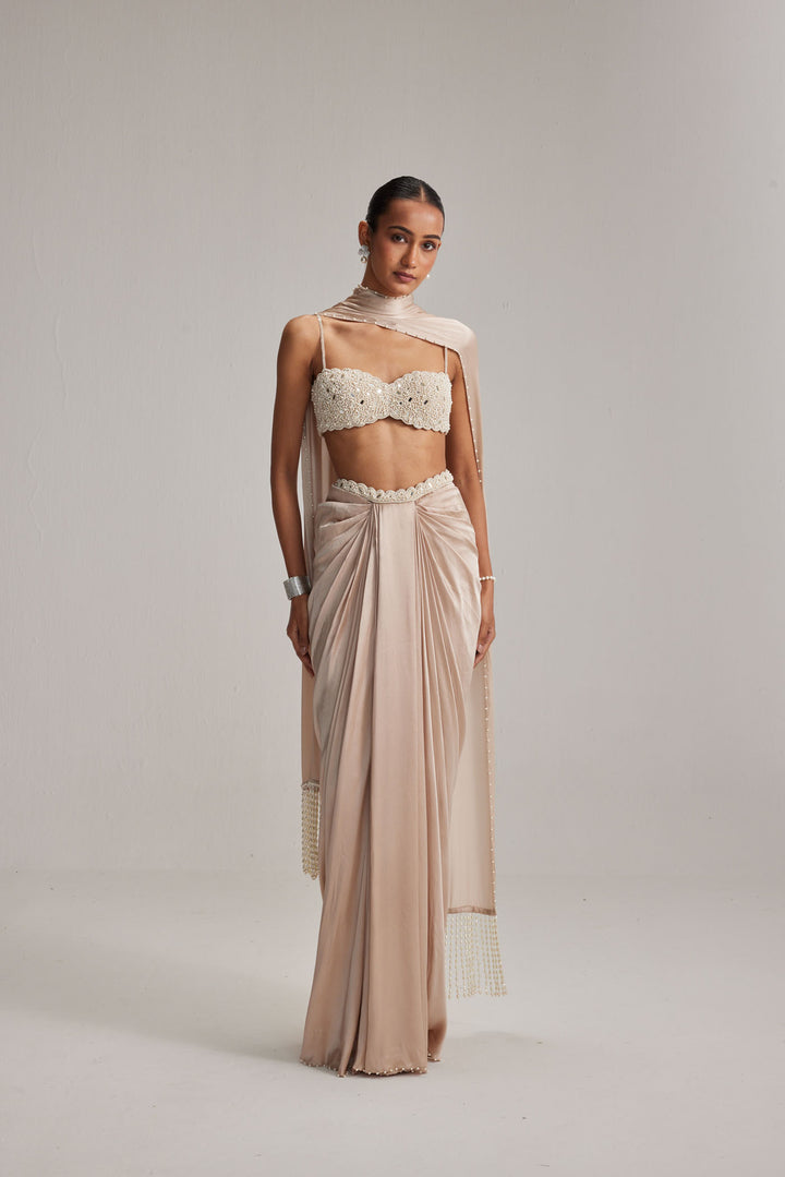 Light Beige Satin Draped Skirt Set
