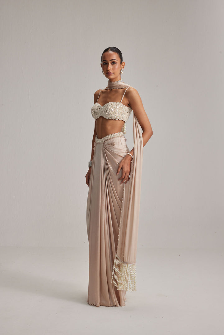 Light Beige Satin Draped Skirt Set