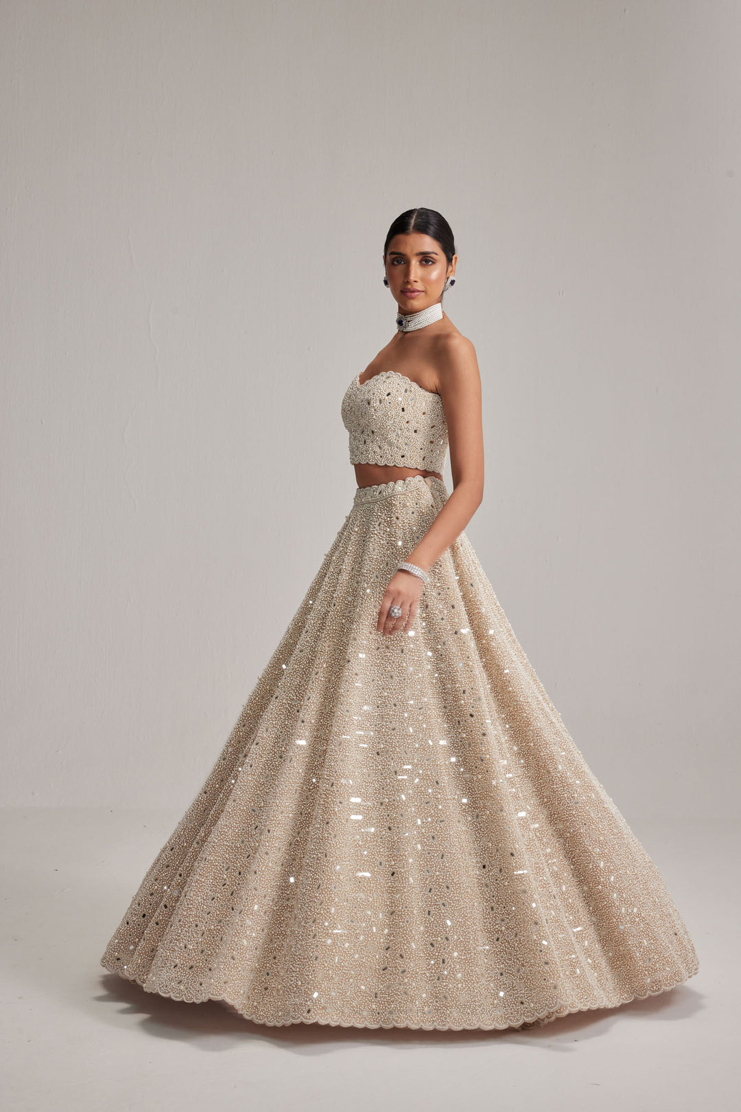 Light Beige Dense Mirror And Pearl Corset Lehenga Set
