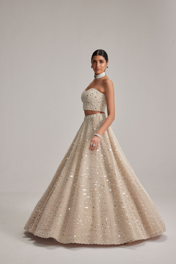 Light Beige Dense Mirror And Pearl Corset Lehenga Set