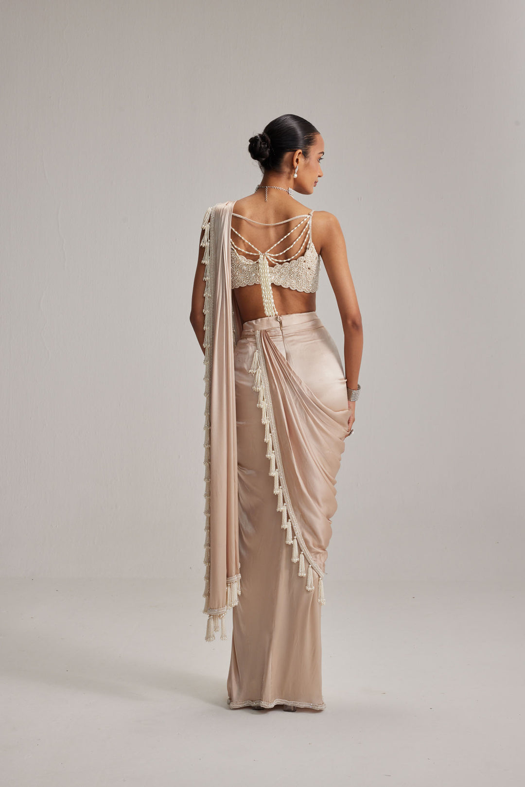 Light Beige Mirror And Pearl Satin Draped Saree Set