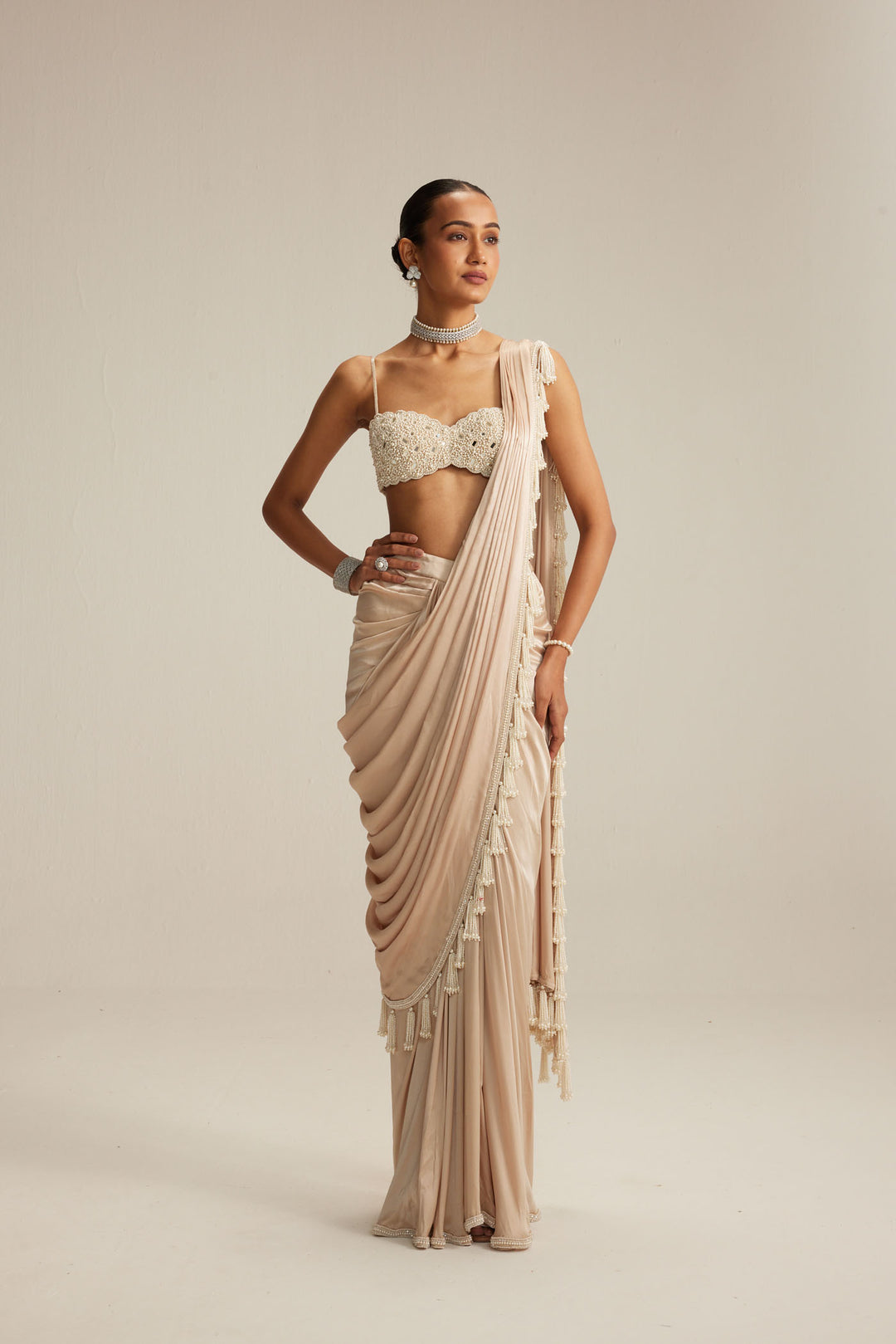Light Beige Mirror And Pearl Satin Draped Saree Set