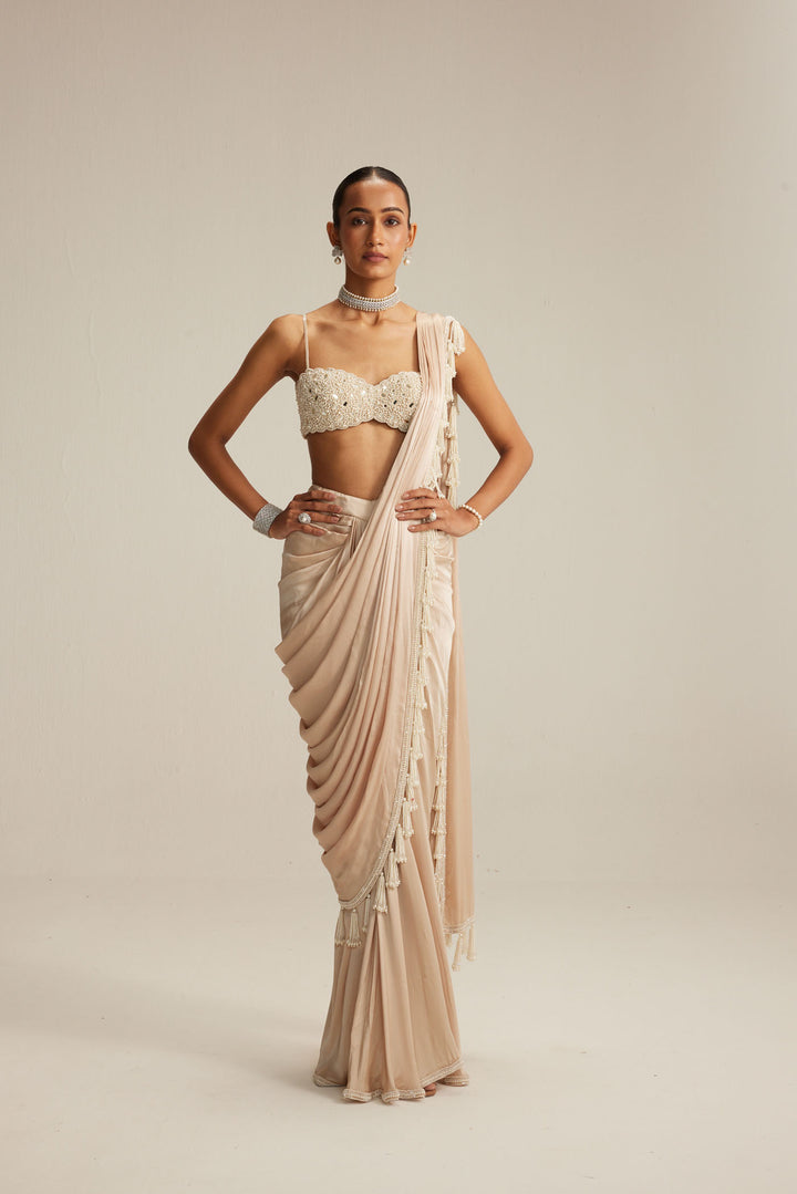 Light Beige Mirror And Pearl Satin Draped Saree Set