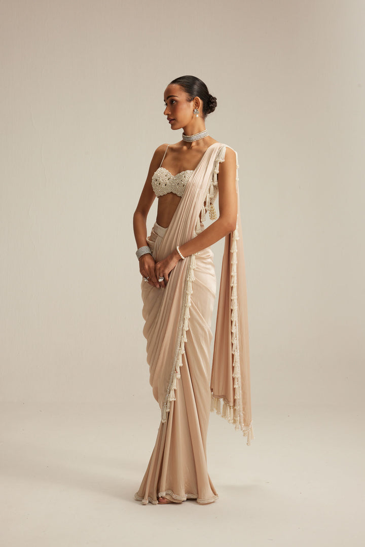 Light Beige Mirror And Pearl Satin Draped Saree Set