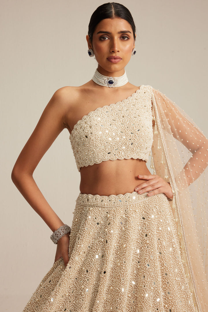 Light Beige Dense Mirror And Pearl One Shoulder Lehenga Set