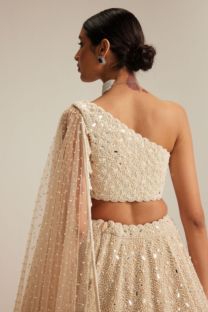 Light Beige Dense Mirror And Pearl One Shoulder Lehenga Set