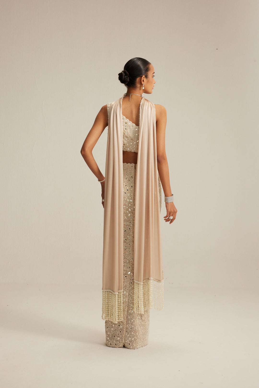 Light Beige One Shoulder Pencil Skirt With Stole Set