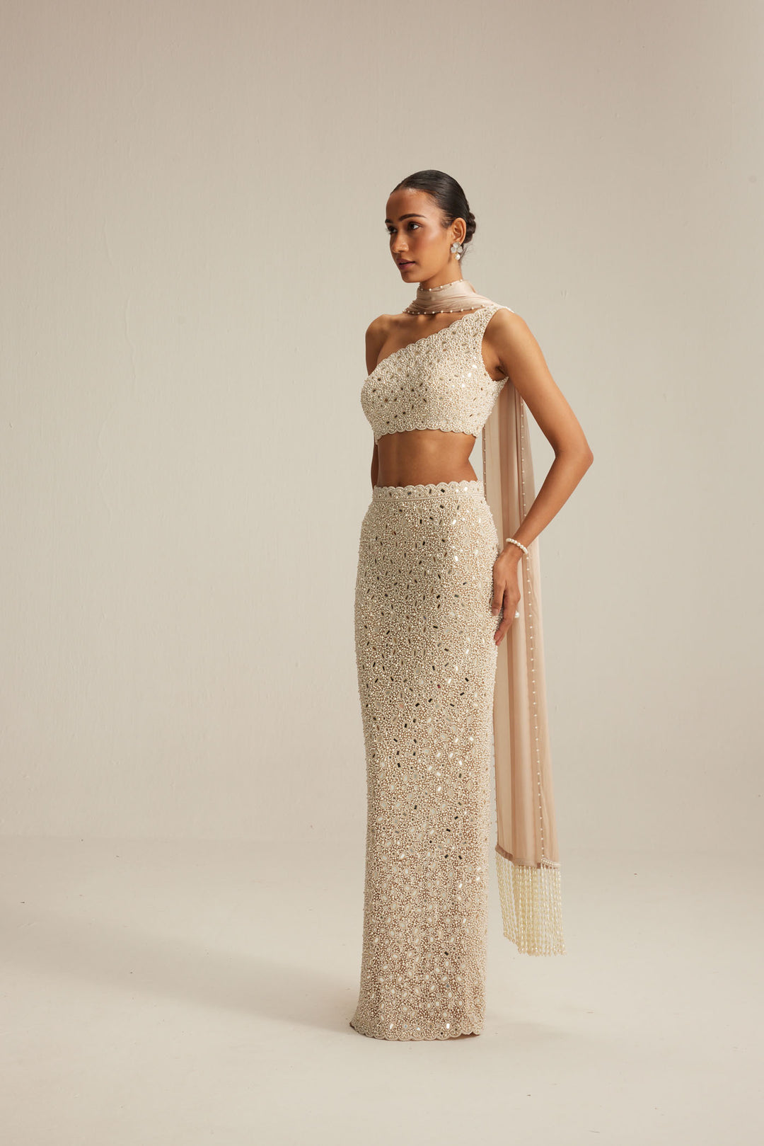 Light Beige One Shoulder Pencil Skirt With Stole Set