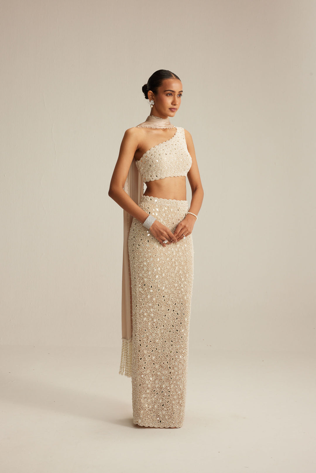 Light Beige One Shoulder Pencil Skirt With Stole Set