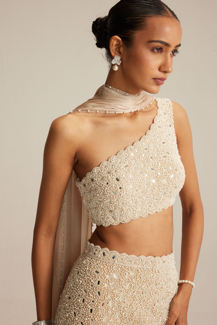 Light Beige One Shoulder Pencil Skirt With Stole Set