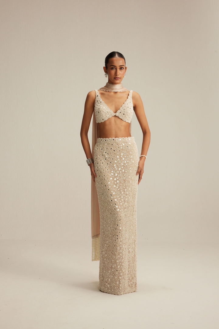 Light Beige V Neck Pencil Skirt Set.