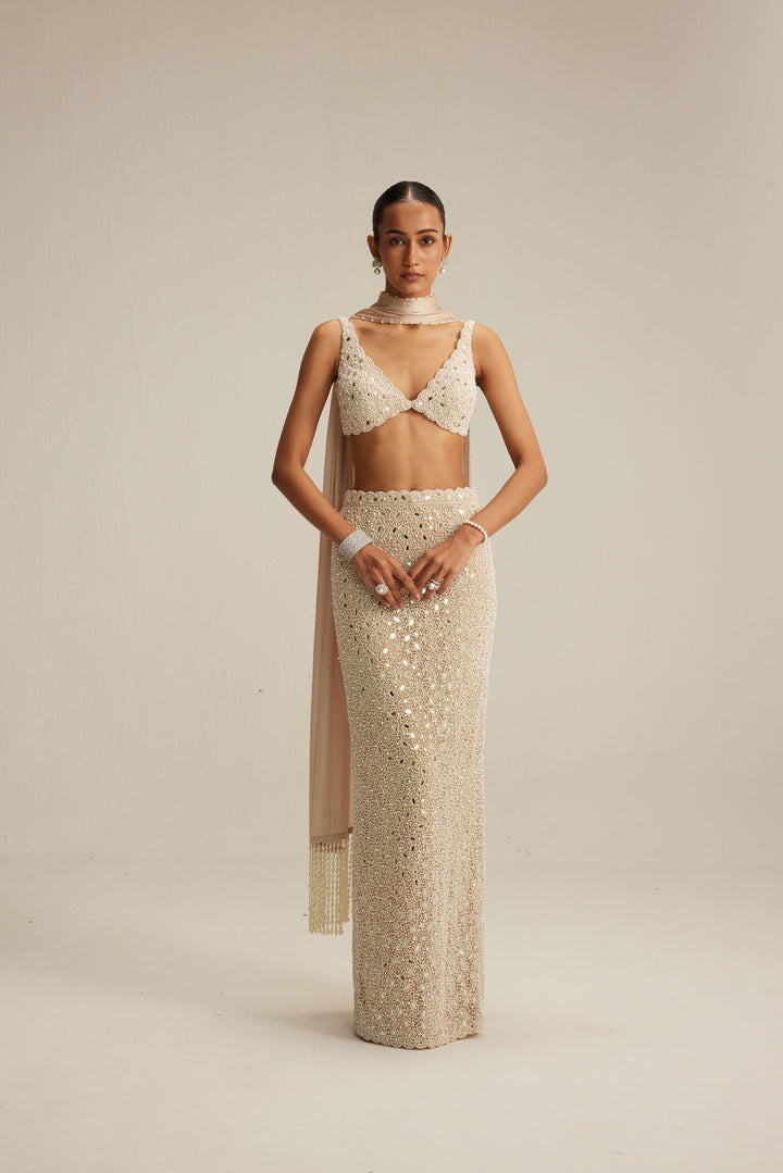 Light Beige V Neck Pencil Skirt Set.