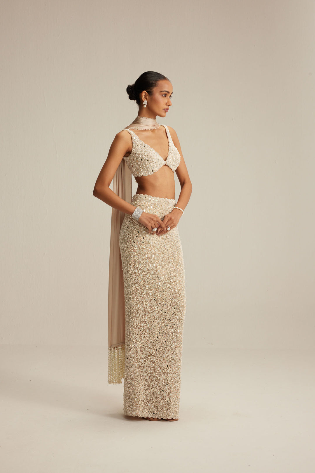 Light Beige V Neck Pencil Skirt Set.