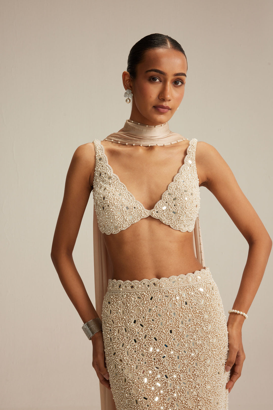 Light Beige V Neck Pencil Skirt Set.