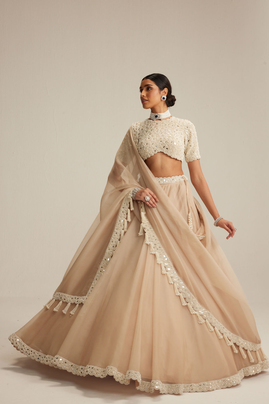 Light Beige High Neck Organza Mirror And Pearl Lehenga Set