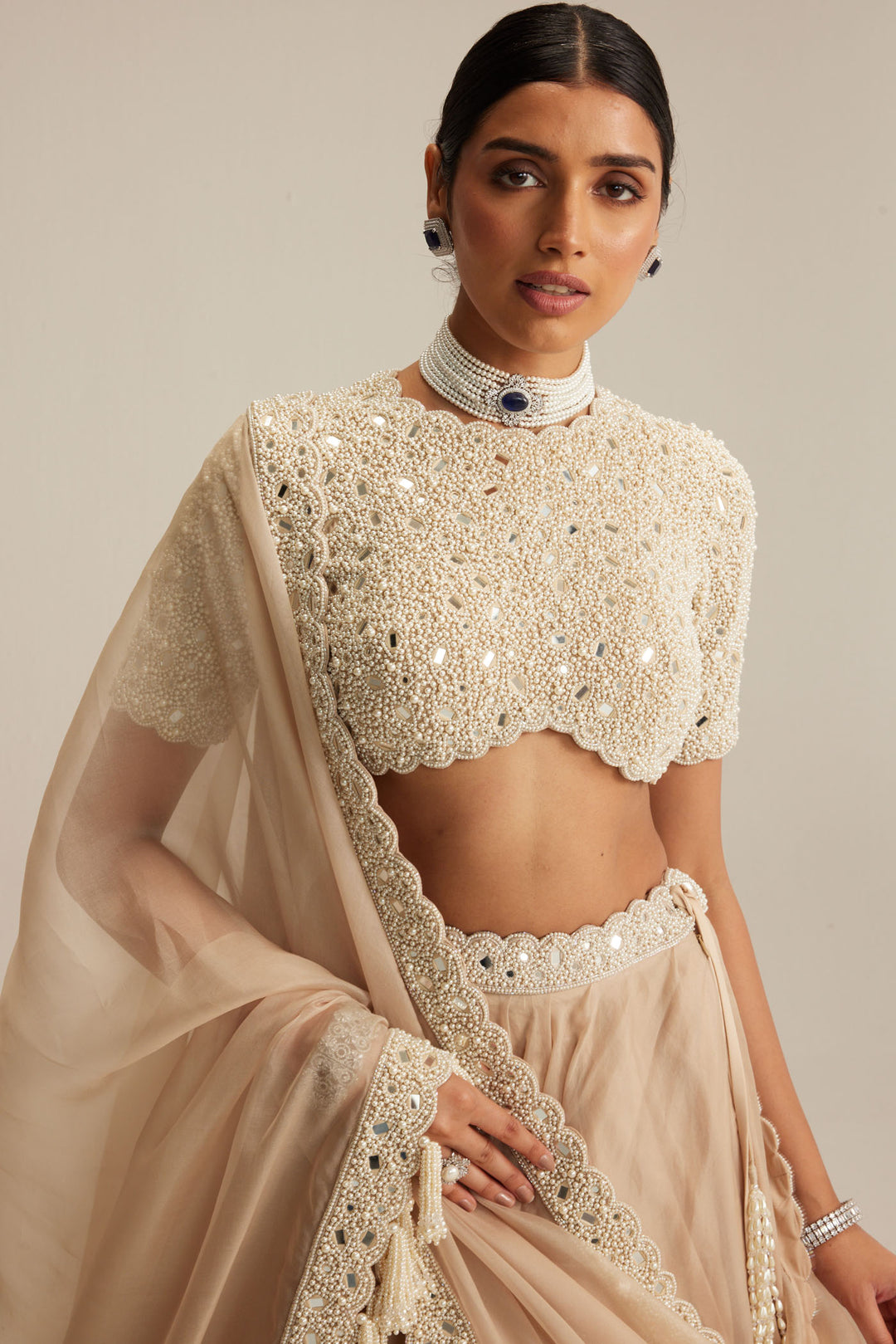 Light Beige High Neck Organza Mirror And Pearl Lehenga Set