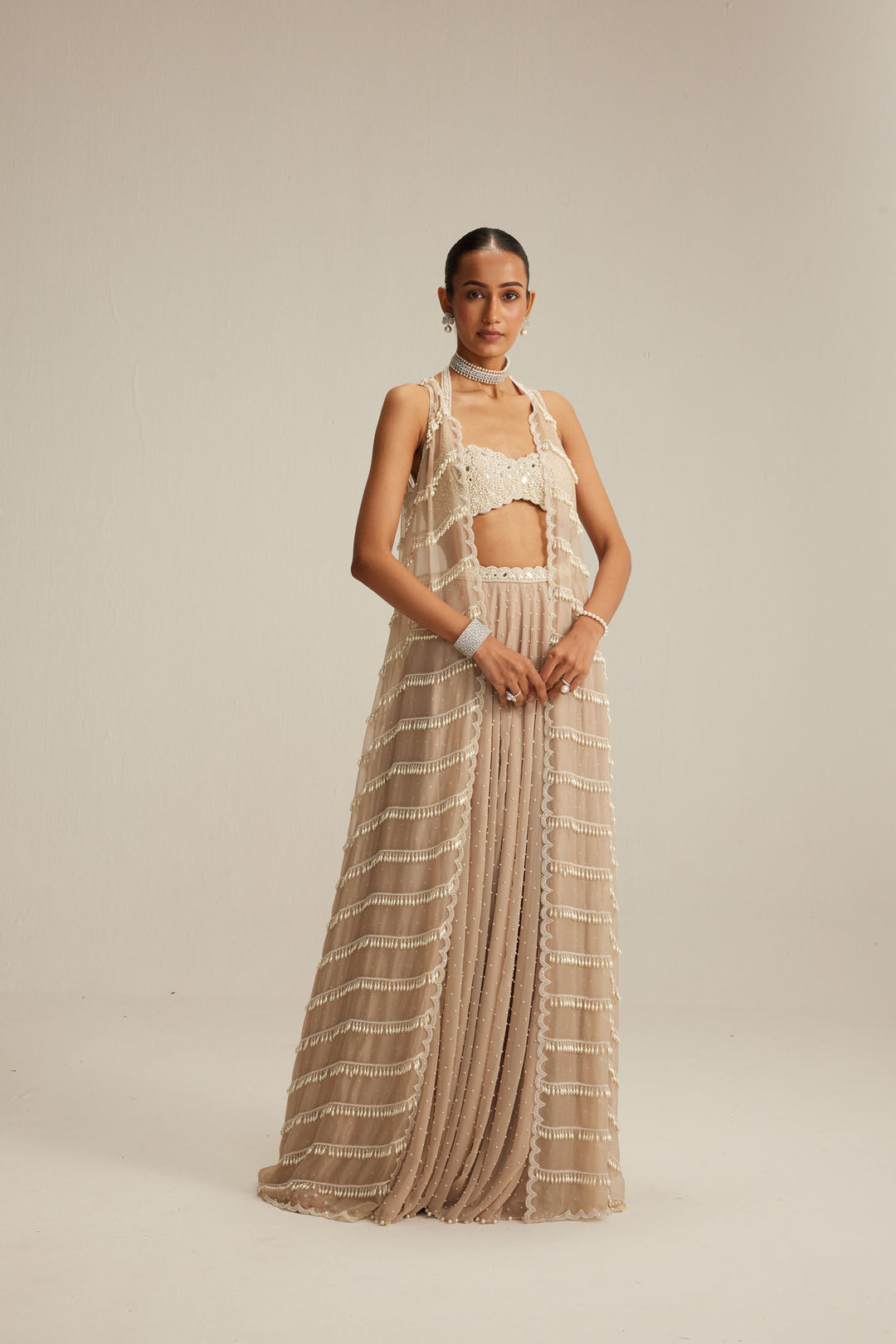 Light Beige Pearl Drop Jacket Set.