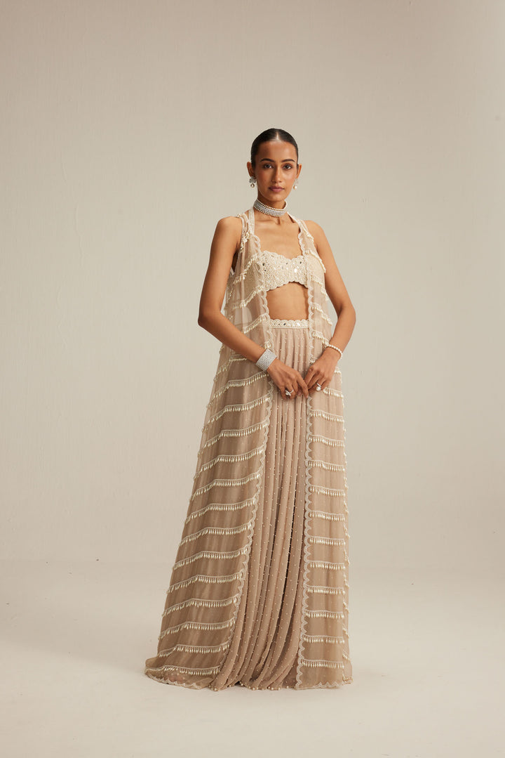 Light Beige Pearl Drop Jacket Set.