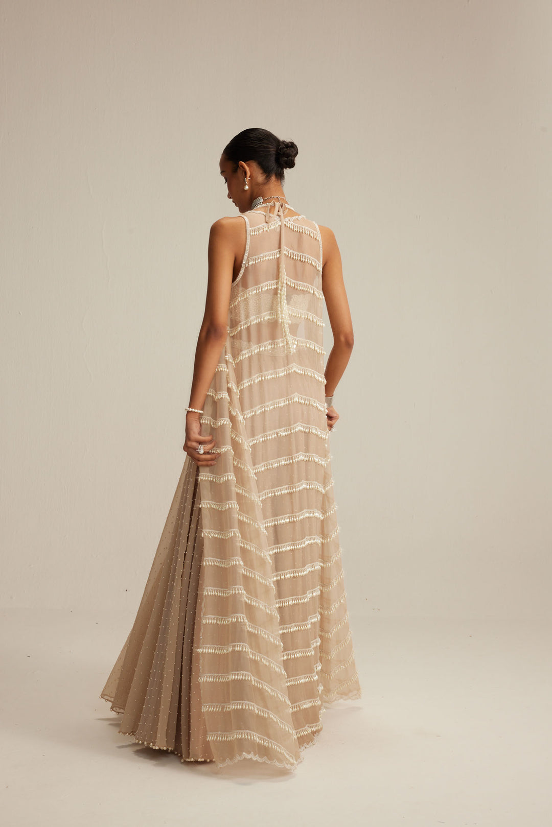 Light Beige Pearl Drop Jacket Set.