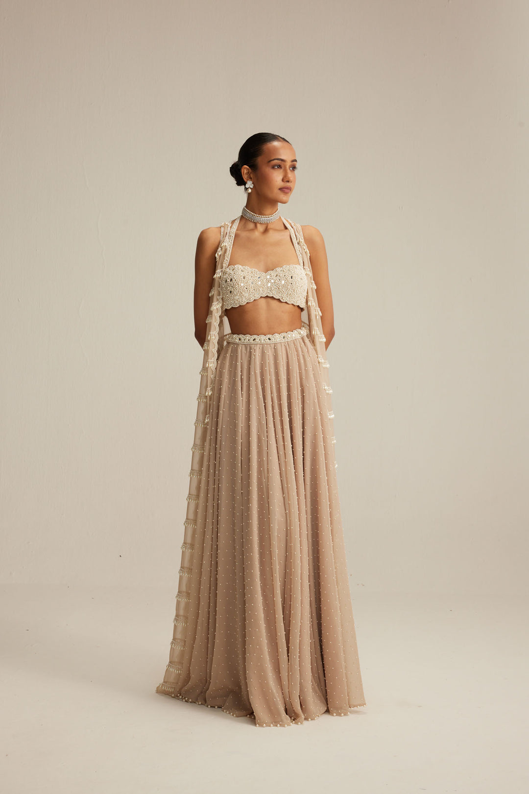 Light Beige Pearl Drop Jacket Set.