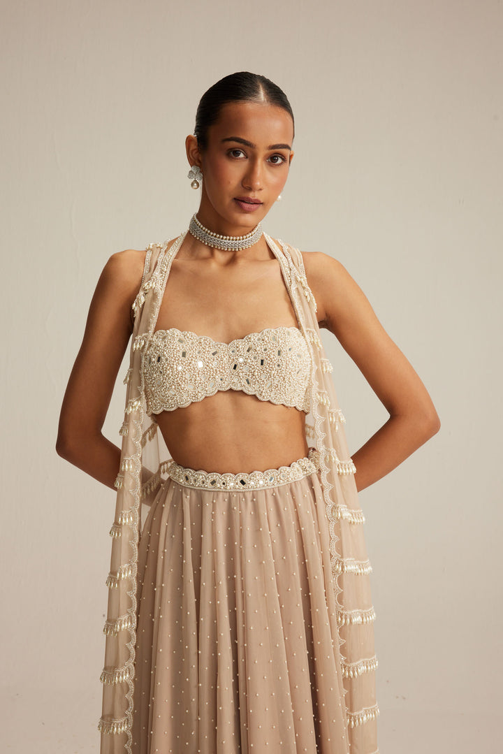 Light Beige Pearl Drop Jacket Set.