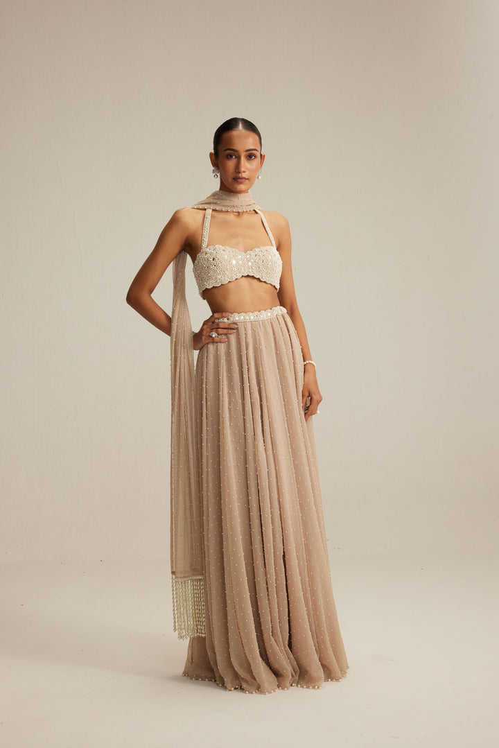 Light Beige Skirt Set With Halter Neck Blouse