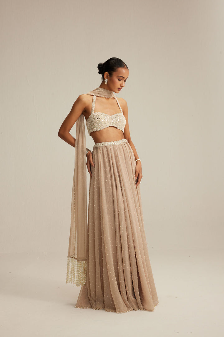 Light Beige Skirt Set With Halter Neck Blouse