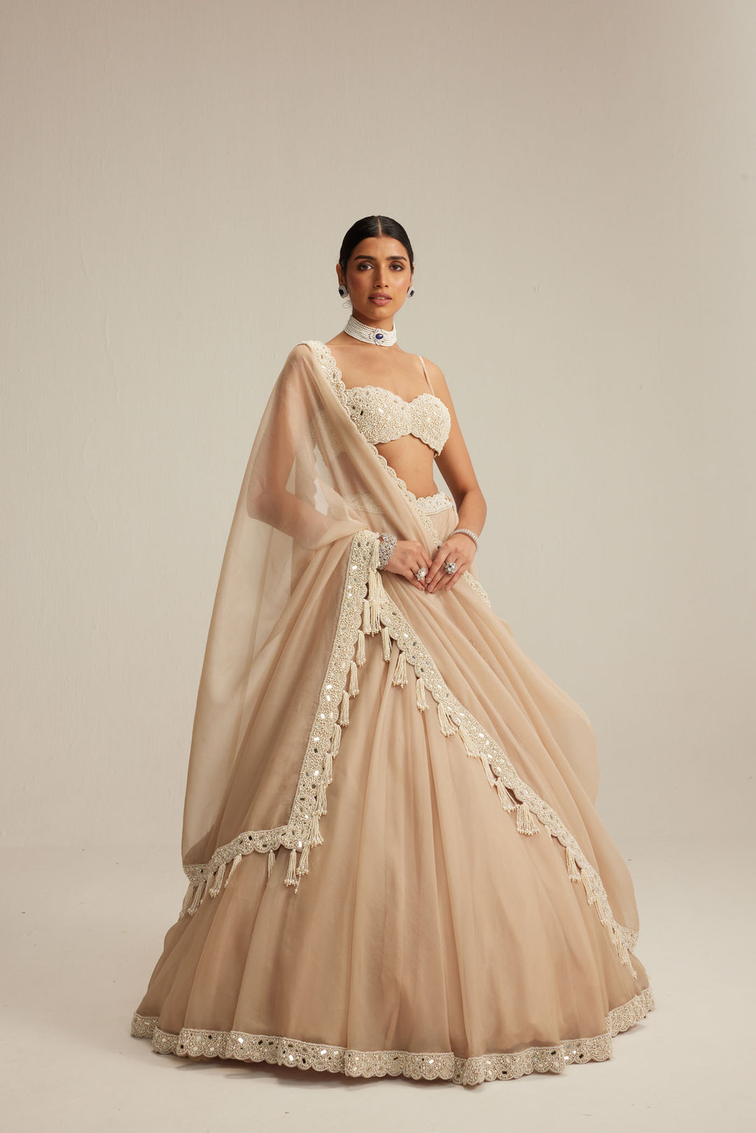 Light Beige Organza Mirror And Pearl Lehenga Set