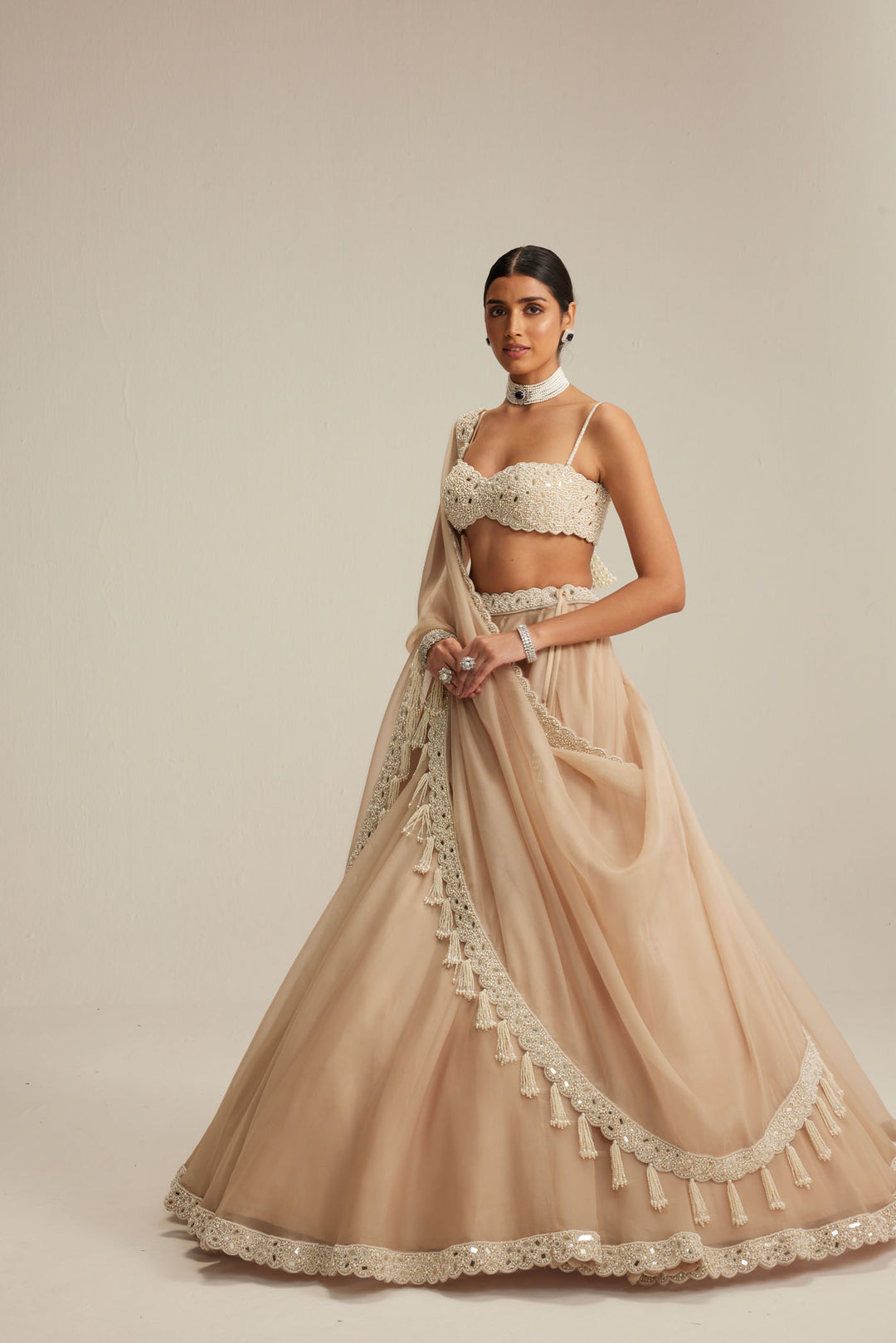 Light Beige Organza Mirror And Pearl Lehenga Set