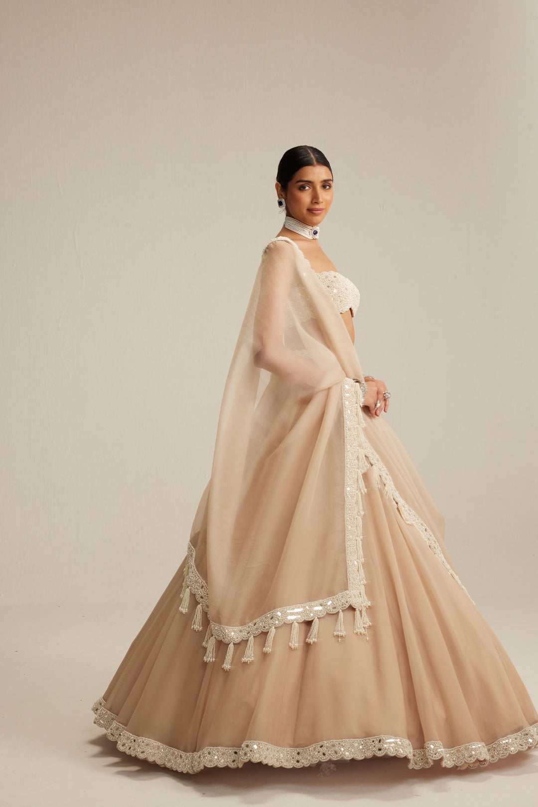 Light Beige Organza Mirror And Pearl Lehenga Set