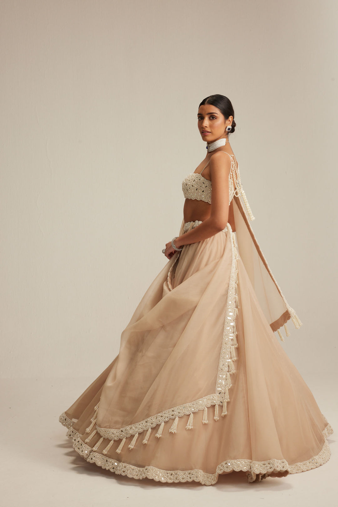 Light Beige Organza Mirror And Pearl Lehenga Set