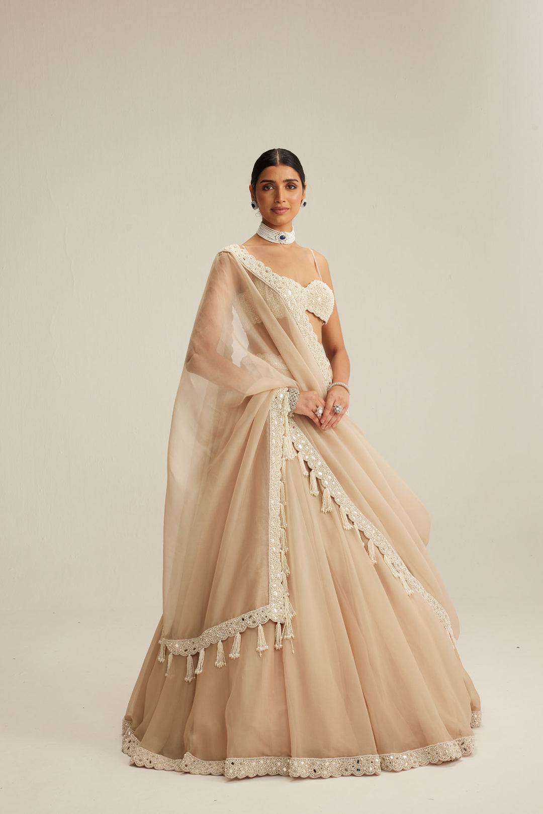Light Beige Organza Mirror And Pearl Lehenga Set