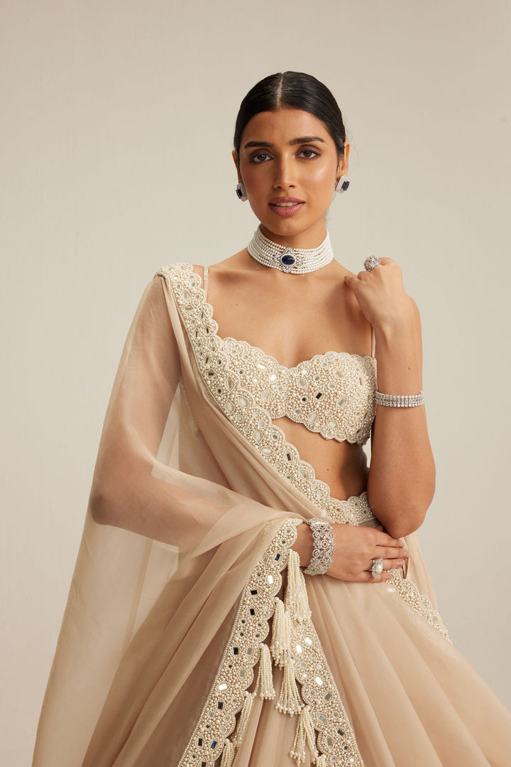 Light Beige Organza Mirror And Pearl Lehenga Set