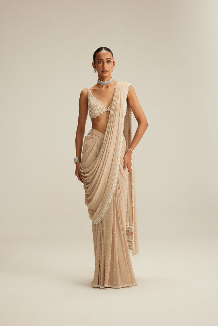 Light Beige Draped Saree Set