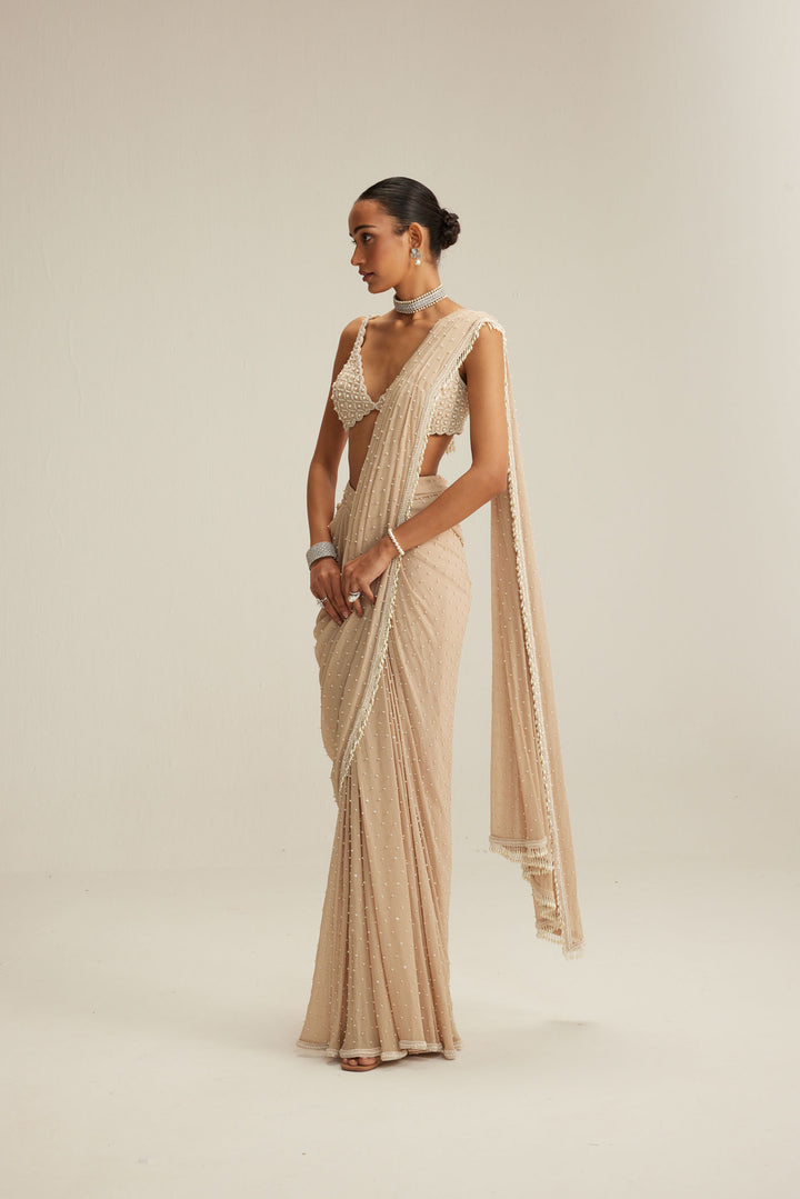 Light Beige Draped Saree Set