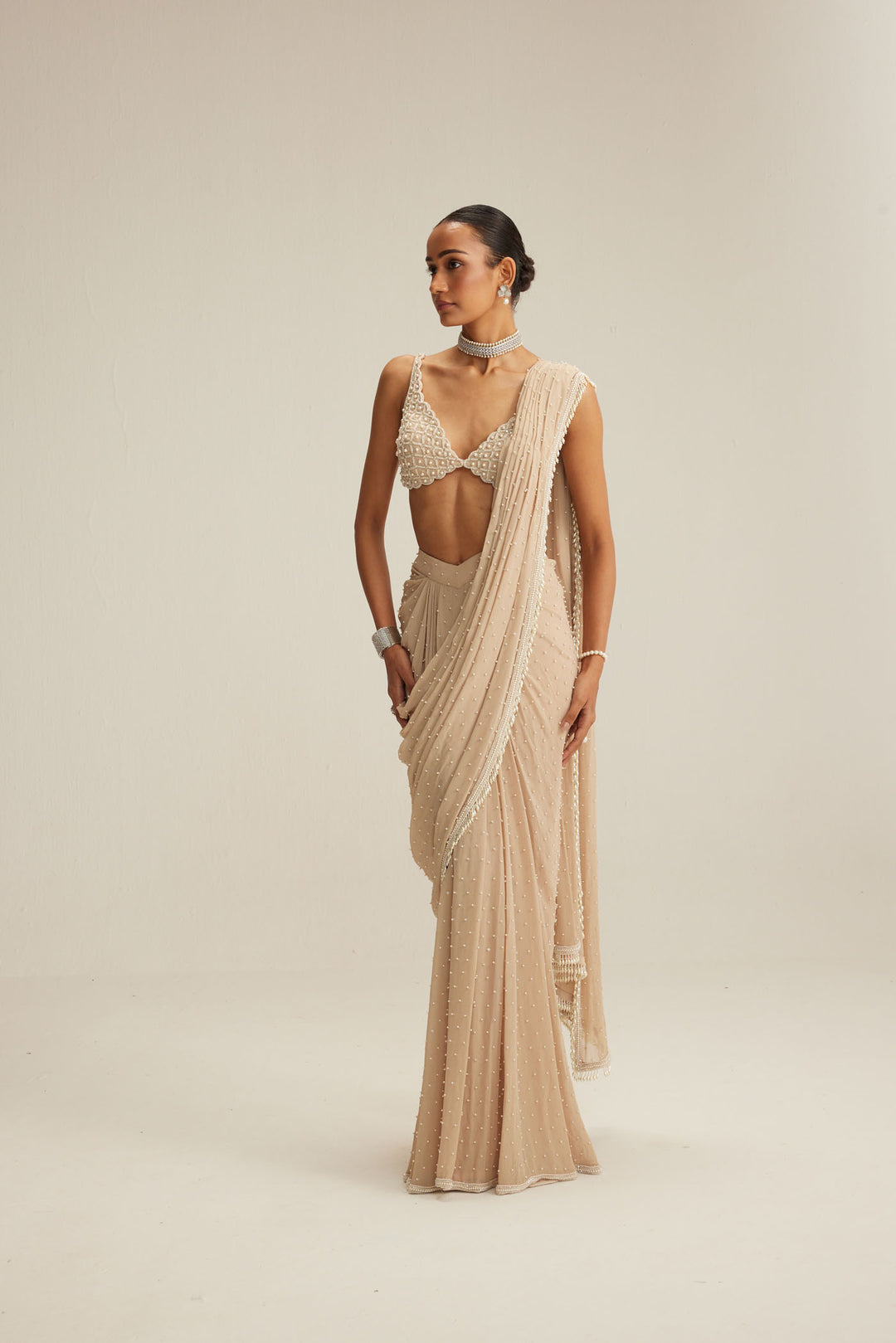Light Beige Draped Saree Set