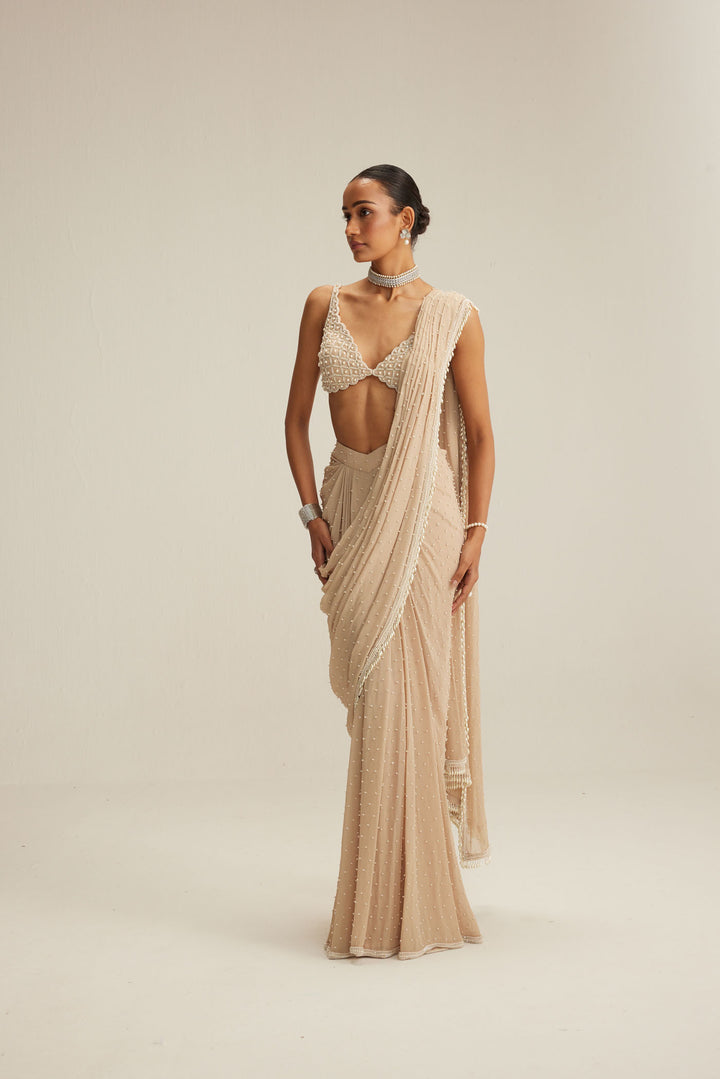 Light Beige Draped Saree Set