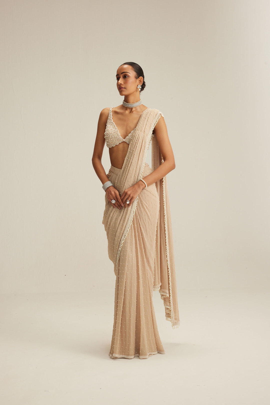 Light Beige Draped Saree Set
