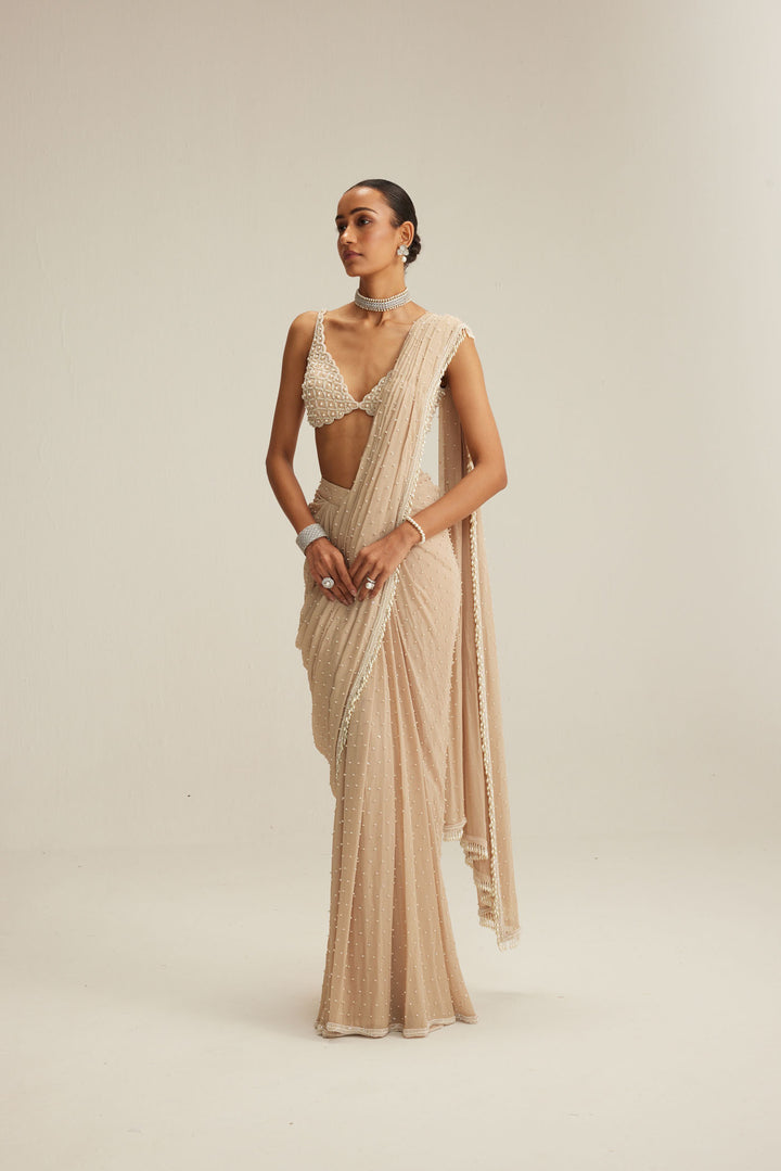 Light Beige Draped Saree Set