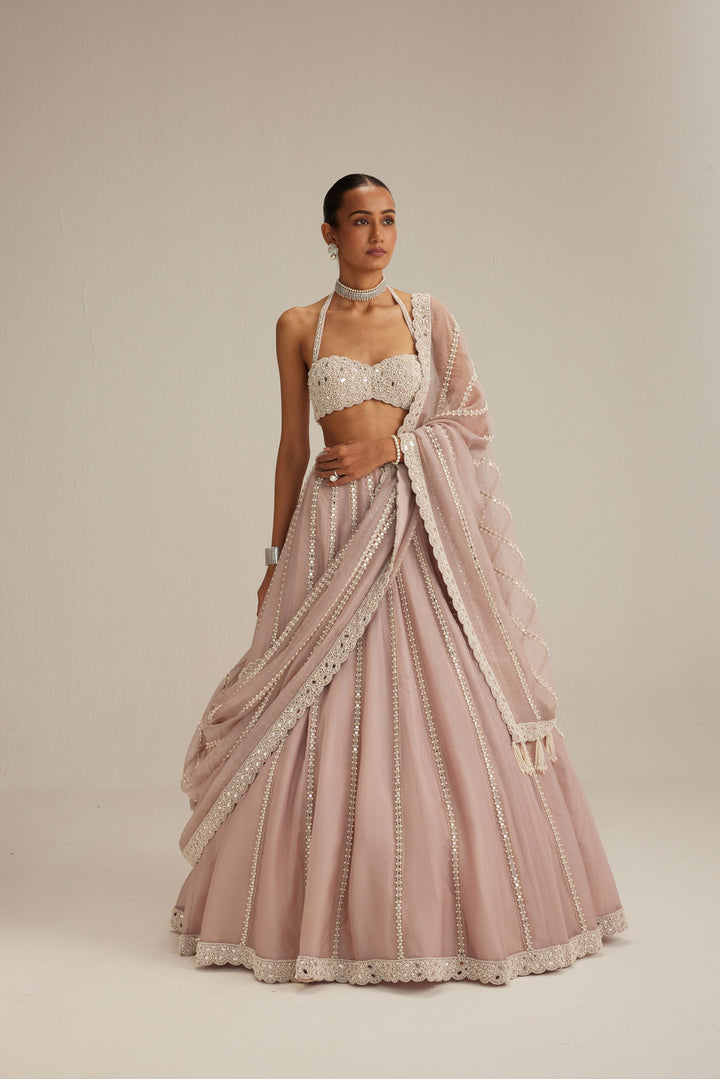Ash Pink Linear Embroidered Organza Lehenga Set