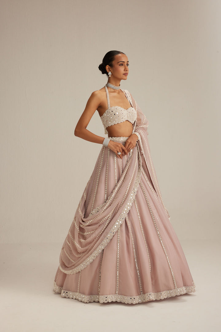 Ash Pink Linear Embroidered Organza Lehenga Set